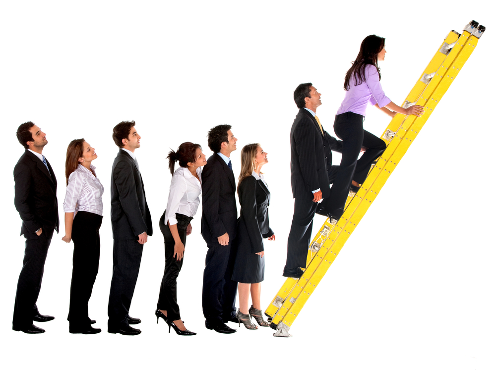 Business group climbing a ladder isolated over a white background